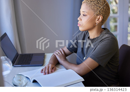 Remote work, thinking and woman with book and laptop for brainstorming, planning or goal in home office. Creative, freelance and female writer with notebook for solution, idea or article inspiration Remote work, thinking and woman with book and laptop for brainstorming, planning or goal in home office. Creative, freelance and female writer with notebook for solution, idea or article inspiration 136314423