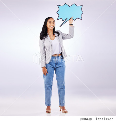 Speech bubble, portrait and woman in studio, white background and mockup space of voice, opinion and ideas. Happy female model, poster and feedback for social media news, review and chat sign board 136314527