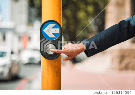 Woman, hands and arrow button on road in city for pedestrian crossing signal in safe travel outdoors. Female person touching sign, symbol or crosswalk by robot for safety on street in Cape Town Woman, hands and arrow button on road in city for pedestrian crossing signal in safe travel outdoors. Female person touching sign, symbol or crosswalk by robot for safety on street in Cape Town 136314594