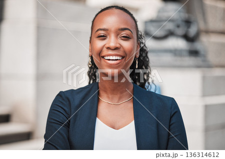 Laughing, lawyer or portrait of happy black woman with joy or confidence working in a law firm. Face, empowerment or proud African attorney with leadership, smile or vision by legal agency building 136314612