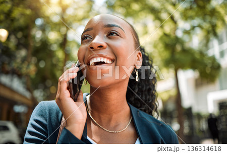Happy, thinking and a black woman on a phone call in the city for communication, networking and chat. Smile, ideas and an African employee speaking on a mobile in town for work, planning or contact Happy, thinking and a black woman on a phone call in the city for communication, networking and chat. Smile, ideas and an African employee speaking on a mobile in town for work, planning or contact 136314618