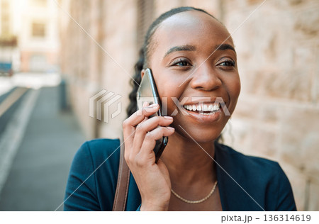 Happy black woman, phone call and walking in city for conversation or communication outdoors. African female person smile for business discussion, networking or travel on smartphone in an urban town Happy black woman, phone call and walking in city for conversation or communication outdoors. African female person smile for business discussion, networking or travel on smartphone in an urban town 136314619