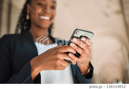 Smartphone, hands and woman typing, scroll social media and chat online, communication and technology. Internet connection, text message or email with closeup, female person and mobile app outdoor 136314652