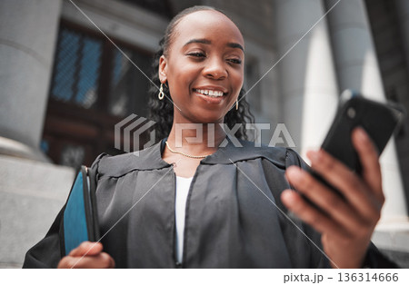 Lawyer, judge at court and phone to contact a client, communication or legal services and advice on mobile app online. Smile, black woman and smartphone for research, information or consulting law Lawyer, judge at court and phone to contact a client, communication or legal services and advice on mobile app online. Smile, black woman and smartphone for research, information or consulting law 136314666
