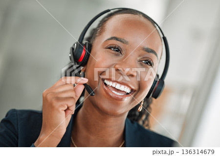CRM, thinking and black woman with a smile, customer service and internet connection. Female person, consultant and agent with telecom sales, funny and telemarketing with headphones and tech support 136314679