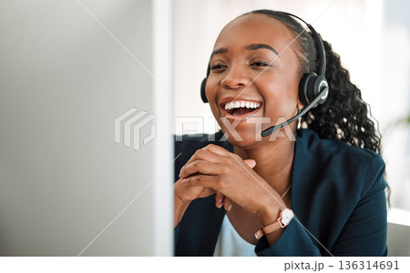 Funny, telemarketing and black woman with a smile, customer service and internet connection with help. Female person, humor and agent with telecom sales, tech support and call center with headphones 136314691