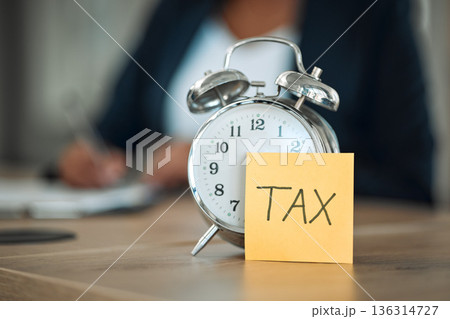 Taxes, clock and business person writing for financial report, accounting paperwork and documents or checklist. Clipboard, application reminder and professional people with clipboard, notes and time 136314727