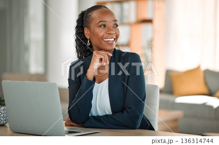 Thinking, laptop and black woman with ideas doing remote work for business growth or future dream in a home office. Smile, happy and corporate employee or worker planning a project or goal online Thinking, laptop and black woman with ideas doing remote work for business growth or future dream in a home office. Smile, happy and corporate employee or worker planning a project or goal online 136314744