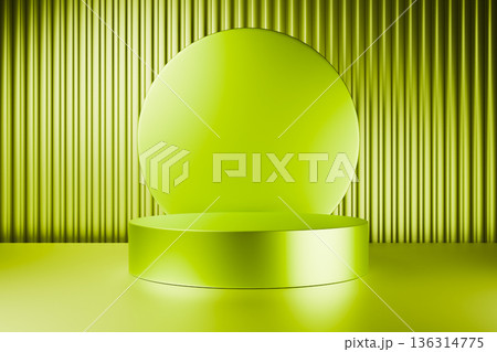 Yellow cylindrical podium in a bright green 3D studio Yellow cylindrical podium in a bright green 3D studio 136314775