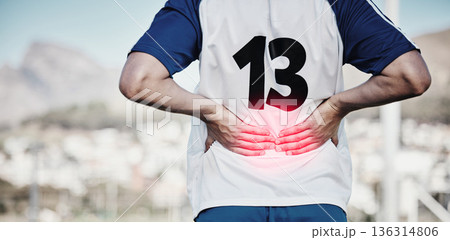 Back pain, red and hands of sports person or football player in graphic overlay for running or cardio injury outdoor. Workout, fitness and soccer people with training, spine risk or medical emergency Back pain, red and hands of sports person or football player in graphic overlay for running or cardio injury outdoor. Workout, fitness and soccer people with training, spine risk or medical emergency 136314806