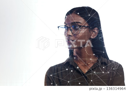 Woman, futuristic biometric hologram or facial recognition for cybersecurity, id or scan face for virtual safety. Indian, businesswoman and metrics for access control or protection on technology Woman, futuristic biometric hologram or facial recognition for cybersecurity, id or scan face for virtual safety. Indian, businesswoman and metrics for access control or protection on technology 136314964