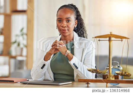 Serious, black woman or portrait lawyer with confidence, empowerment or justice in law firm office. Mentor, corporate or proud African attorney with leadership, focus or vision for legal agency 136314968