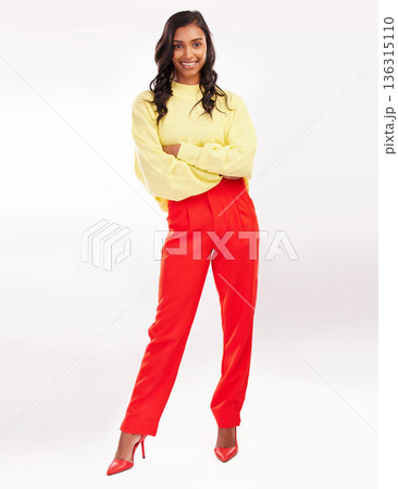 Happy, fashion and portrait of Indian woman with crossed arms in studio with confidence, happiness or pride. Smile, business and female person in trendy clothes, style and clothes on white background Happy, fashion and portrait of Indian woman with crossed arms in studio with confidence, happiness or pride. Smile, business and female person in trendy clothes, style and clothes on white background 136315110