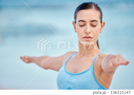 Fitness, yoga and woman for balance by beach for wellness, healthy body and energy. Sports, nature and face of female person with eyes closed to focus for exercise, training and workout by ocean Fitness, yoga and woman for balance by beach for wellness, healthy body and energy. Sports, nature and face of female person with eyes closed to focus for exercise, training and workout by ocean 136315147