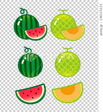 Illustration material of various watermelons and melons (whole and cut fruits) Illustration material of various watermelons and melons (whole and cut fruits) 136315223
