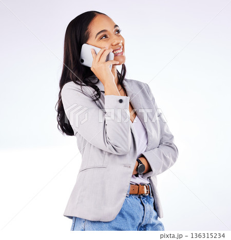 Business woman, studio and phone call for communication on white background. Happy female worker, smartphone contact and consulting with mobile technology, conversation and networking for feedback Business woman, studio and phone call for communication on white background. Happy female worker, smartphone contact and consulting with mobile technology, conversation and networking for feedback 136315234