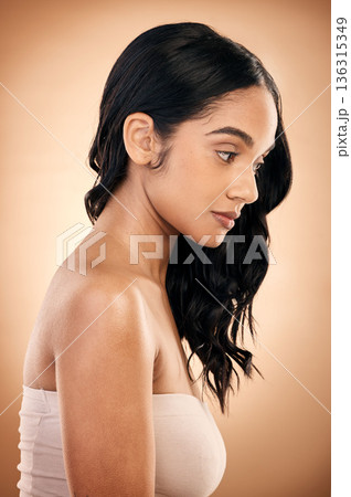 Thinking, texture and woman with hair care, salon treatment and self care against a brown studio background. Female person, girl and model with ideas, aesthetic and skincare with beauty and luxury Thinking, texture and woman with hair care, salon treatment and self care against a brown studio background. Female person, girl and model with ideas, aesthetic and skincare with beauty and luxury 136315349