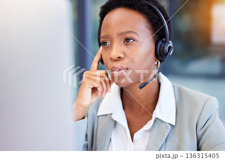 Call center, stress and black woman frustrated by faq, customer service or internet delay in office. Contact us, face and annoyed African lady consultant with 404, glitch or problem while consulting 136315405
