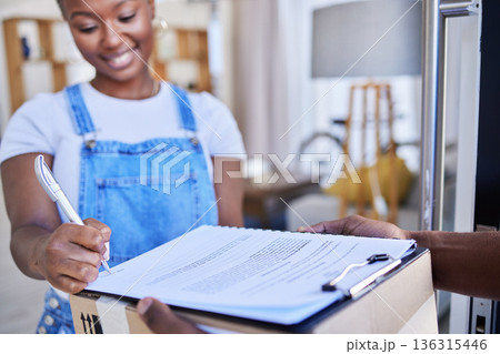 Ecommerce, black woman sign paperwork and package delivery at front door. Online shopping or logistics, supply chain or distribution and happy African female person receive parcel box with documents Ecommerce, black woman sign paperwork and package delivery at front door. Online shopping or logistics, supply chain or distribution and happy African female person receive parcel box with documents 136315446