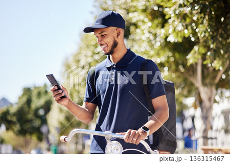 City travel, phone or happy man, delivery and courier check destination, map or location on bicycle route. Sustainable bike transportation, mobile shipping app and person smile for outdoor direction City travel, phone or happy man, delivery and courier check destination, map or location on bicycle route. Sustainable bike transportation, mobile shipping app and person smile for outdoor direction 136315467