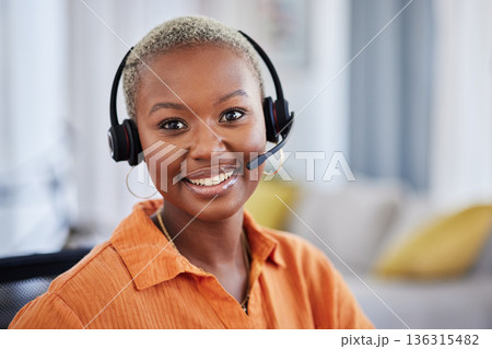 Black woman, call center and portrait with headphones for consulting, telemarketing or working remote at home. Face of happy African female person, consultant or agent with headset for online advice Black woman, call center and portrait with headphones for consulting, telemarketing or working remote at home. Face of happy African female person, consultant or agent with headset for online advice 136315482