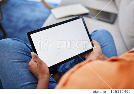 Woman, hands and tablet with mockup screen in communication, research or advertising at home. Hand of female person on technology display or chromakey for online browsing on living room sofa in house Woman, hands and tablet with mockup screen in communication, research or advertising at home. Hand of female person on technology display or chromakey for online browsing on living room sofa in house 136315493