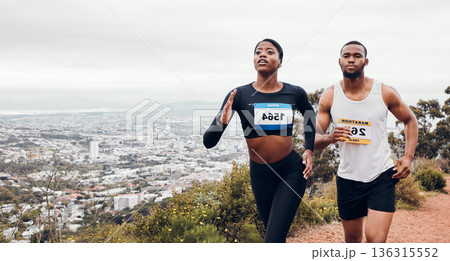Marathon couple, mountain race and fitness with workout and training together for a running. Runner, young people and road on a exercise challenge outdoor with sport cardio performance in nature 136315552