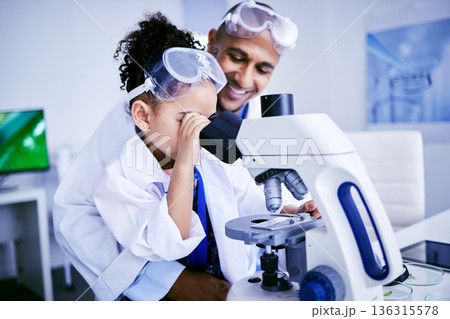 Science, microscope and dad with child in laboratory for medical research, chemistry and education. Healthcare, family and scientist with girl check equipment for knowledge, learning and teaching 136315578