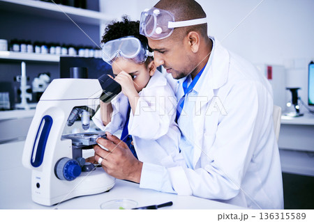 Chemistry, microscope and father with child in laboratory for medical research, science and education. Healthcare, family and scientist with girl on digital tech for knowledge, learning and teaching Chemistry, microscope and father with child in laboratory for medical research, science and education. Healthcare, family and scientist with girl on digital tech for knowledge, learning and teaching 136315589