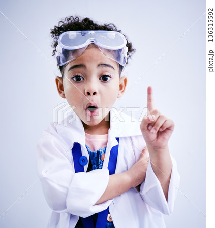 Child, hand and idea or solution for science in studio with mouth open, glasses and thought. Face of a African kid student shocked or wow for scientist, education or biology experiment for innovation Child, hand and idea or solution for science in studio with mouth open, glasses and thought. Face of a African kid student shocked or wow for scientist, education or biology experiment for innovation 136315592