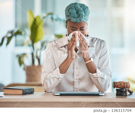 Workplace, blowing nose or sick black woman with tissue, flu or worker with health problems or illness in office. Lady, sneezing or businesswoman with toilet paper, allergy virus or fever disease Workplace, blowing nose or sick black woman with tissue, flu or worker with health problems or illness in office. Lady, sneezing or businesswoman with toilet paper, allergy virus or fever disease 136315704