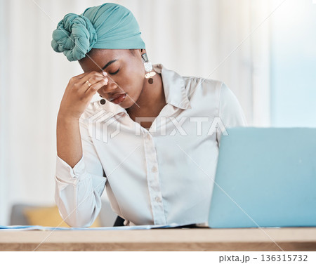 Business, burnout and black woman with a headache, stress and employee overworked, depression and fatigue. Female person, consultant and agent with a migraine, laptop and tired with pain and anxiety Business, burnout and black woman with a headache, stress and employee overworked, depression and fatigue. Female person, consultant and agent with a migraine, laptop and tired with pain and anxiety 136315732