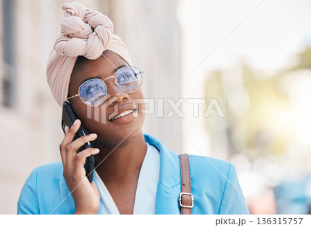 Thinking, phone call and black woman in city for business communication with contact. African professional, vision and smartphone for conversation, discussion or talking, listening and chat outdoor. 136315757