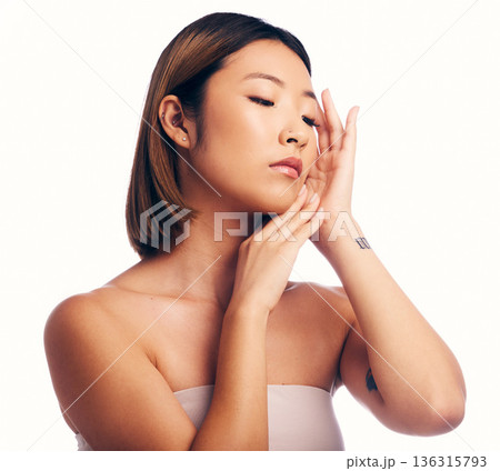 Skincare, beauty and face of Asian woman on a white background for wellness, spa and cosmetics. Dermatology, salon and isolated female person with perfect skin, satisfaction and facial care in studio Skincare, beauty and face of Asian woman on a white background for wellness, spa and cosmetics. Dermatology, salon and isolated female person with perfect skin, satisfaction and facial care in studio 136315793