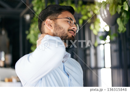 Business man, neck pain and problem with health issue and muscle fatigue in a office. Employee, young male person and professional and injury of worker feeling tired from inflammation at work Business man, neck pain and problem with health issue and muscle fatigue in a office. Employee, young male person and professional and injury of worker feeling tired from inflammation at work 136315848