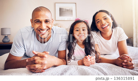 Family, relax and portrait on a bed at home while happy and together for quality time. Man, woman or hispanic parents and a girl kid in the bedroom for morning bonding with love, security and care Family, relax and portrait on a bed at home while happy and together for quality time. Man, woman or hispanic parents and a girl kid in the bedroom for morning bonding with love, security and care 136315891