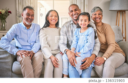Big family, portrait and smile in home living room, bonding and having fun. Happy, grandparents and children, mother and father relax on sofa, love and enjoy quality time together on couch in house. 136315903