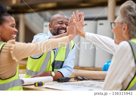 High five, meeting and architecture people with meeting success, blueprint collaboration and teamwork or support. Project management, floor plan and women, man or group hands together for engineering 136315942