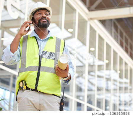Phone call, black man and architect with blueprint, talking and planning to work on construction project. African engineer, mobile technology and contractor speaking, communication and discussion. 136315998