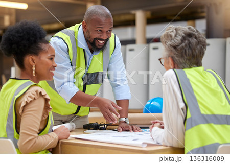 Manager, meeting or happy civil engineering team planning a building or construction architecture. Teamwork, leader or designers talking or speaking of floor plan idea in discussion or collaboration Manager, meeting or happy civil engineering team planning a building or construction architecture. Teamwork, leader or designers talking or speaking of floor plan idea in discussion or collaboration 136316009