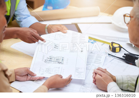 Floor plan, meeting or hands of civil engineering team planning a building or construction architecture. Teamwork, collaboration or group of designers talking or speaking of blueprint ideas Floor plan, meeting or hands of civil engineering team planning a building or construction architecture. Teamwork, collaboration or group of designers talking or speaking of blueprint ideas 136316010