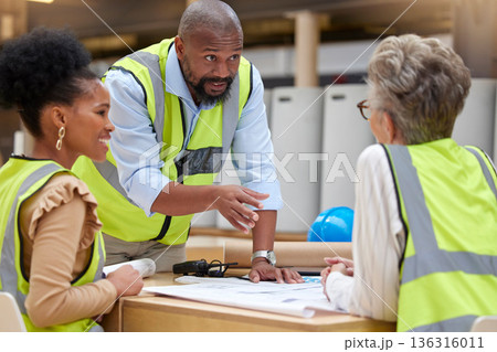 Manager, meeting or civil engineering team planning a building or construction architecture. Teamwork, leadership or designers talking or speaking of floor plan idea in discussion or collaboration Manager, meeting or civil engineering team planning a building or construction architecture. Teamwork, leadership or designers talking or speaking of floor plan idea in discussion or collaboration 136316011