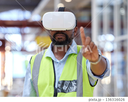 Logistics, warehouse and man in virtual reality headset for online checklist, inventory or online schedule. Future technology, person in vr glasses in factory and futuristic stock management system. 136316026