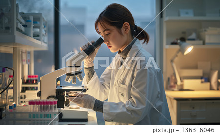 女性が朝の研究室でマルチウェル板と顕微鏡を用いて検体を観察する 136316046
