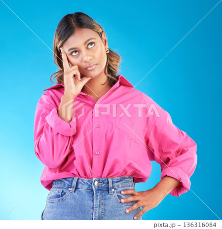 Thinking, tired and stress with face of woman in studio for doubt, confused and brain fog. Mental health, burnout and anxiety with person on blue background for frustrated, idea and problem mockup Thinking, tired and stress with face of woman in studio for doubt, confused and brain fog. Mental health, burnout and anxiety with person on blue background for frustrated, idea and problem mockup 136316084