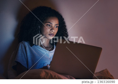 Laptop, bedroom and woman with music at night for radio, podcast sound and online social media in home. Bed, computer and person with earphones streaming movie, film and video on tech with insomnia Laptop, bedroom and woman with music at night for radio, podcast sound and online social media in home. Bed, computer and person with earphones streaming movie, film and video on tech with insomnia 136316090