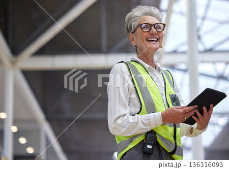 Funny, senior and architect with tablet for research, planning and working on construction project. Technology, elderly engineer and manager laughing at meme on internet, email app and networking. 136316093