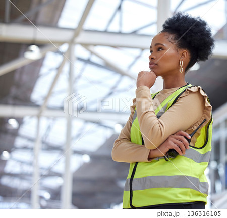 Inspector, woman and construction site with ideas for working or leadership with radio. Planning, female engineer and vision with project management for renovation or building with employee. 136316105