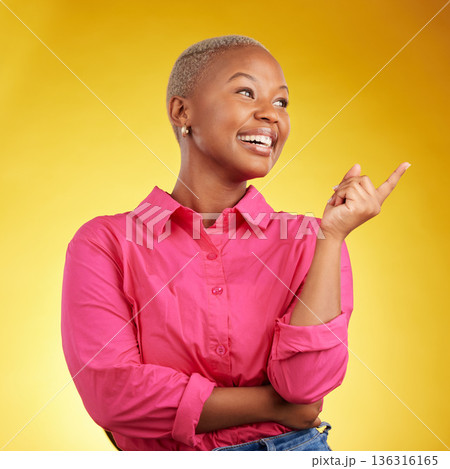 Smile, black woman and hand pointing in studio for news, deal or coming soon announcement on yellow background. Finger, show and happy African female show list, promo or sign up contact information Smile, black woman and hand pointing in studio for news, deal or coming soon announcement on yellow background. Finger, show and happy African female show list, promo or sign up contact information 136316165