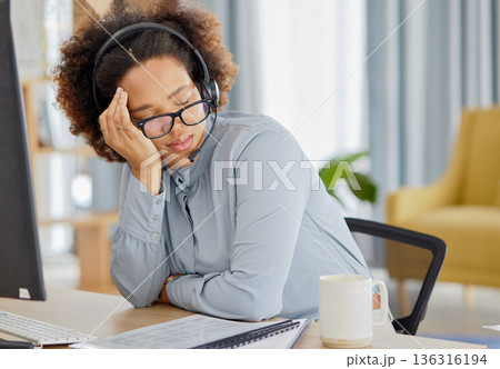 Crm, business woman and sleeping with contact us telemarketing worker at desk with burnout. Customer support, consulting company and tired employee with nap at work from online and digital agent job Crm, business woman and sleeping with contact us telemarketing worker at desk with burnout. Customer support, consulting company and tired employee with nap at work from online and digital agent job 136316194